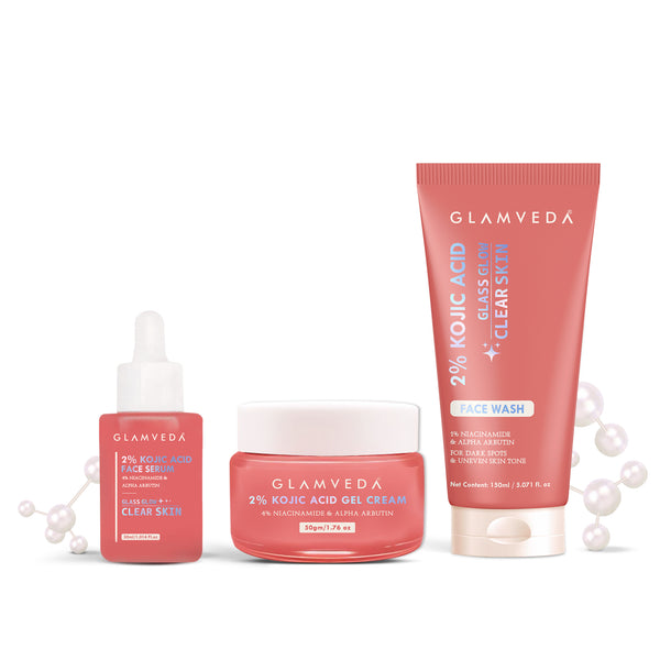 Glamveda 2% Kojic Acid Skincare Routine – Facewash, Serum & Cream for Pigmentation |Dark Spot Treatment & Skin Brightening