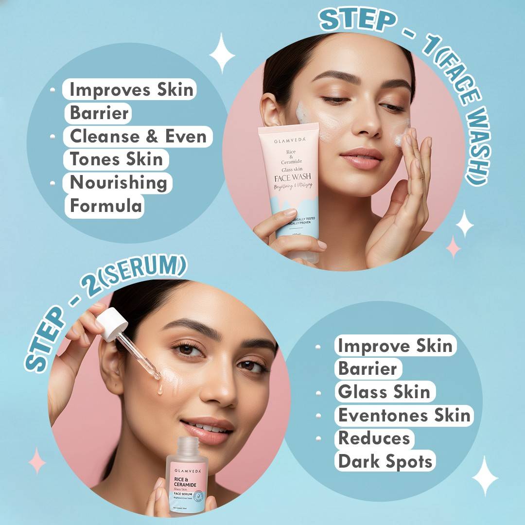 Glamveda Korean Glass Skin Rice & Ceramide 3 Step Combo | Face Wash, Serum & Sunscreen