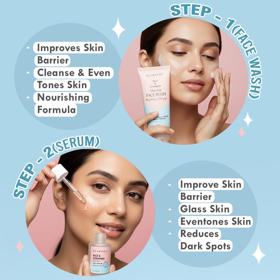 Glamveda Korean Glass Skin Rice & Ceramide 3 Step Combo | Face Wash, Serum & Moisturizer