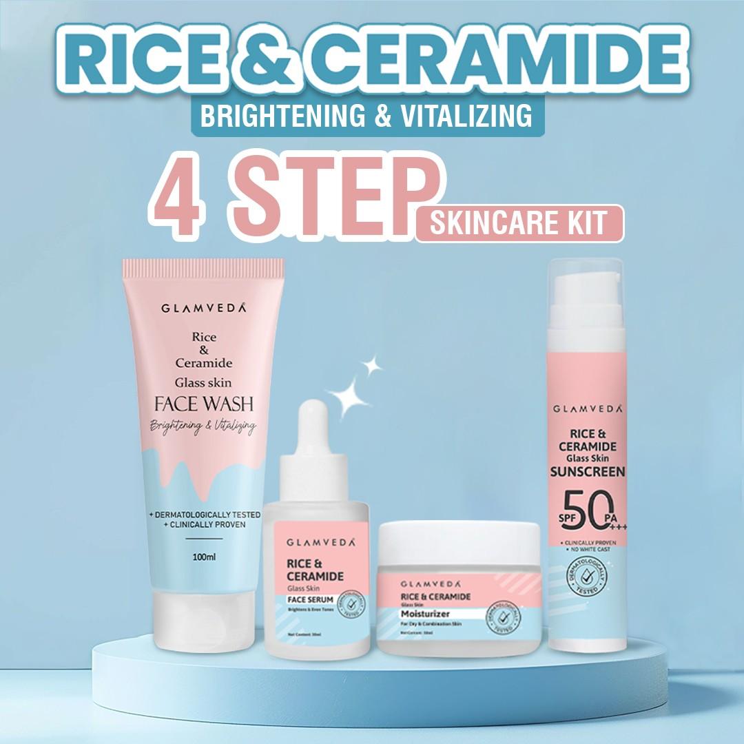 Glamveda Korean Glass Skin Rice & Ceramide Morning 4 Step Gift Box | Face Wash, Serum, Moisturizer & Sunscreen