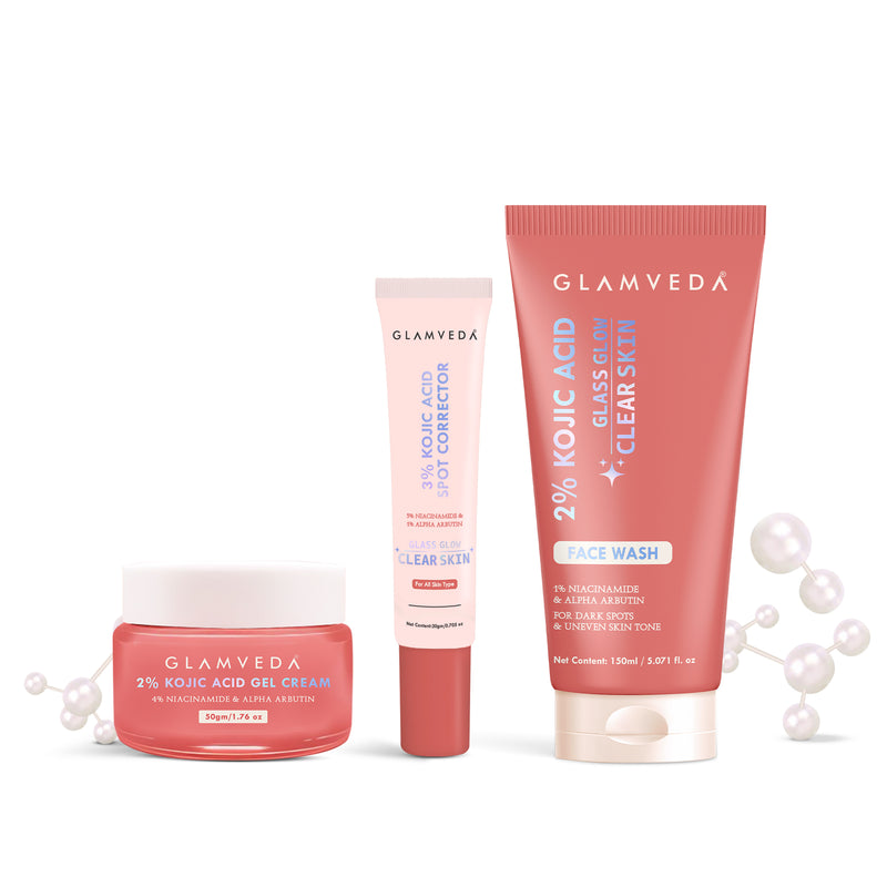 Glamveda 2% Kojic Acid Skincare Trio – Facewash, Spot Corrector & Cream for Dark Spot Removal, Pigmentation, Acne Marks & Uneven Tone