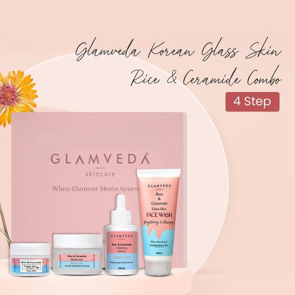 Glamveda Korean Glass Skin Rice & Ceramide 4 Step Gift Box | Face wash, Serum, Under-eye cream, Moisturizer