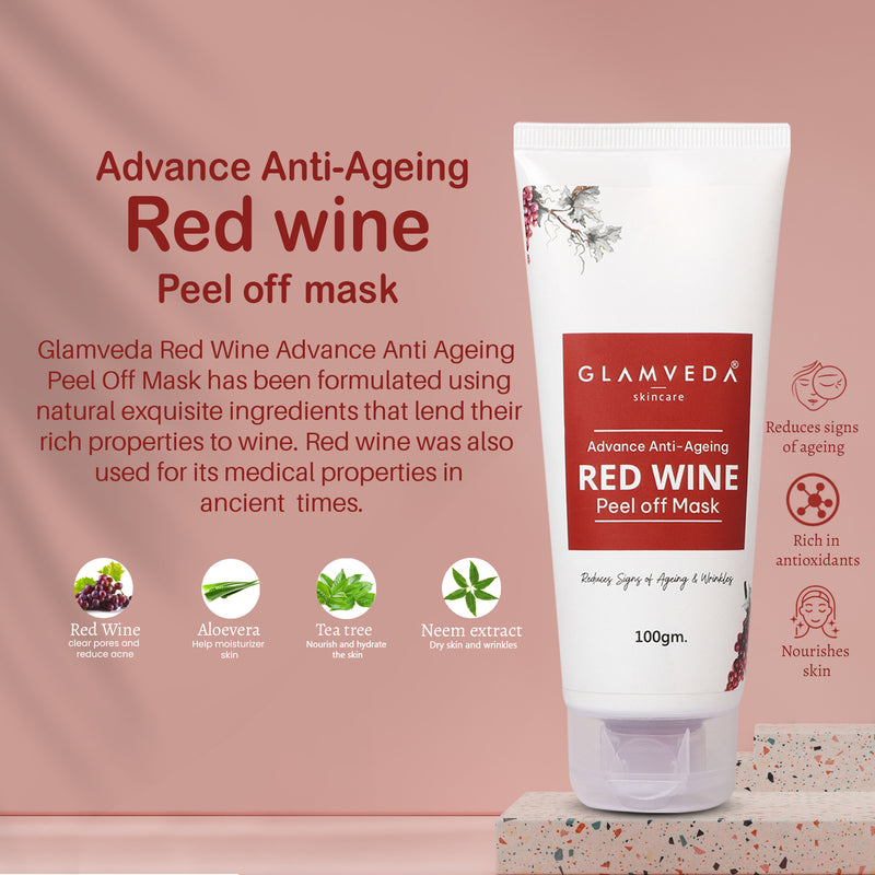 Glamveda Red Wine Advance Anti Ageing Combo For Women with Gift Box | Face wash, Facial Kit & Peel Off Mask