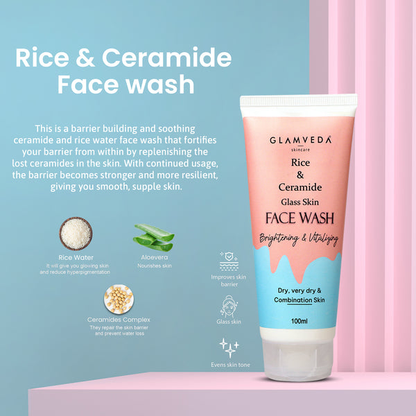 Glamveda Korean Glass Skin Rice & Ceramide 6 Step Gift Box | Face wash, Toner, Serum, Under eye cream, Moisturizer & Sunscreen