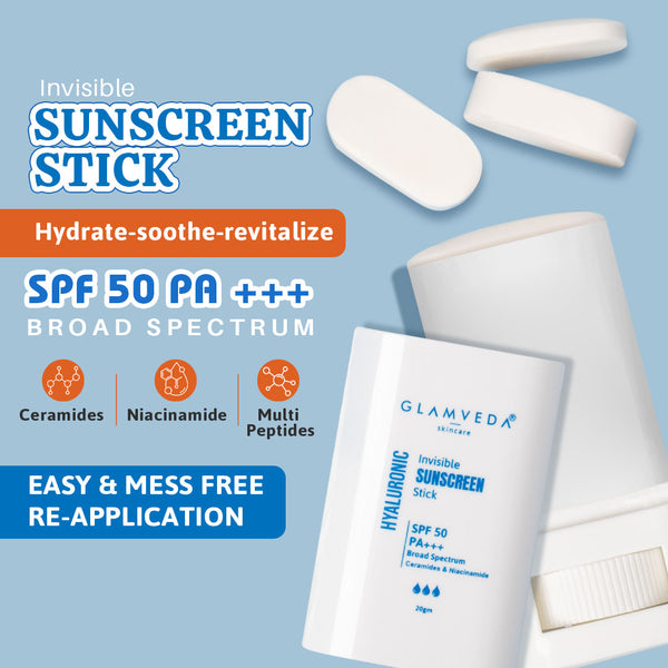 Glamveda Hyaluronic Invisible Sunscreen Stick With Ceramides SPF 50/PA+++ for Easy Reapplication & No White Cast