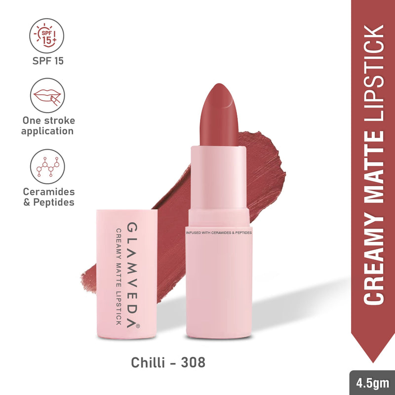 Glamveda Ultra Pigmented Creamy Matte Lipstick with Ceramides, Waterproof - Chilli - 308