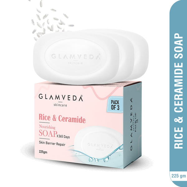 Glamveda Rice & Ceramide Skin Brightening Soap with Hyaluronic acid | Deeply Nourishes & Moisturised | Pack of 3