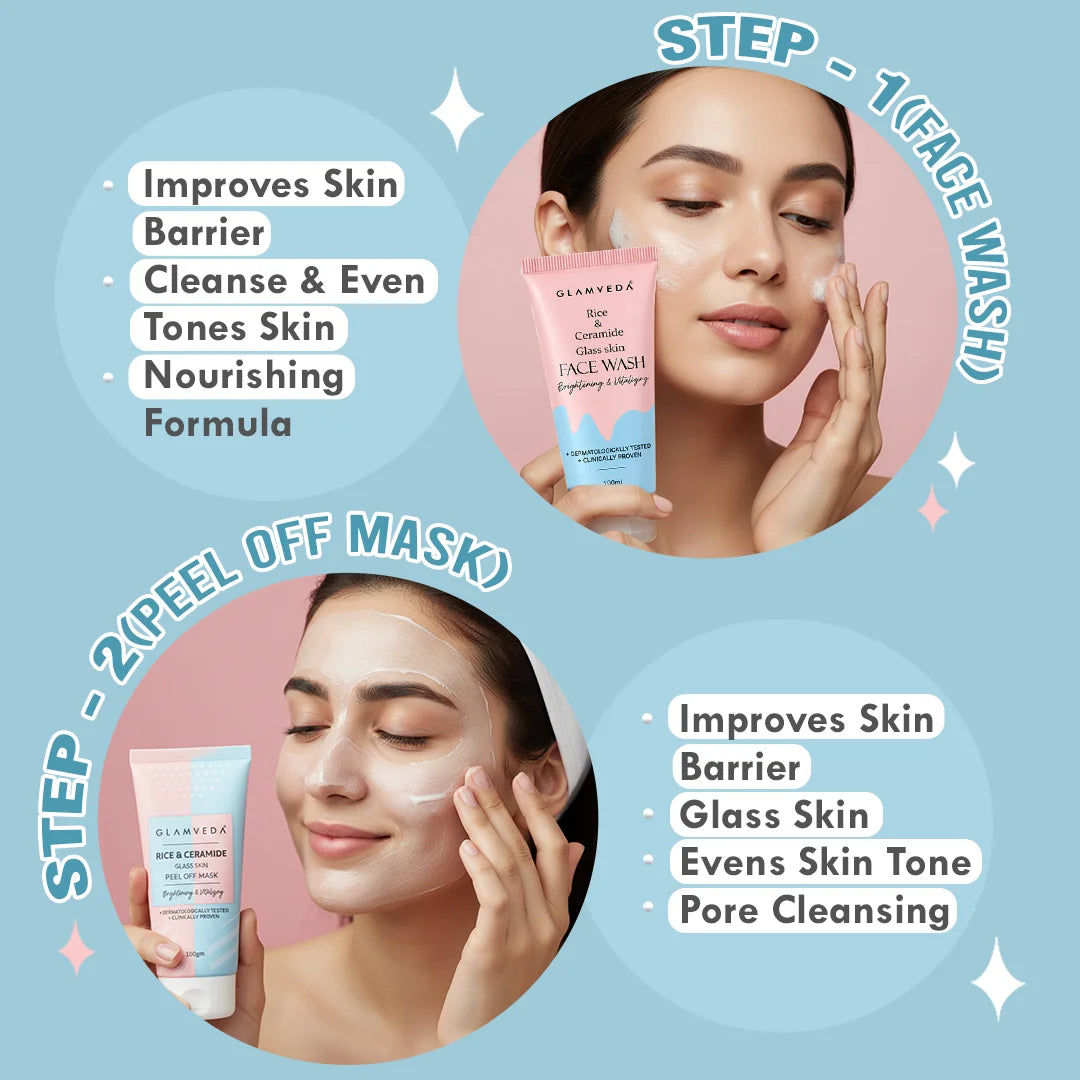 Korean Glass Skin Rice & Ceramide 7 Step Gift Box | Face wash, Peel Off Mask, Toner, Serum, Under eye cream, Moisturizer & Sunscreen