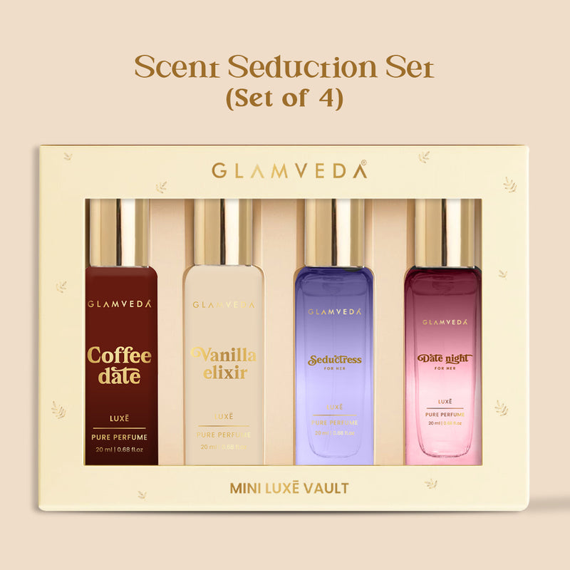 Scent Seduction  - Date Night +Seductress+Vanilla Elixir+Coffee Date | Luxury Pure Perfume Gift Set for Women 4 x 20ml