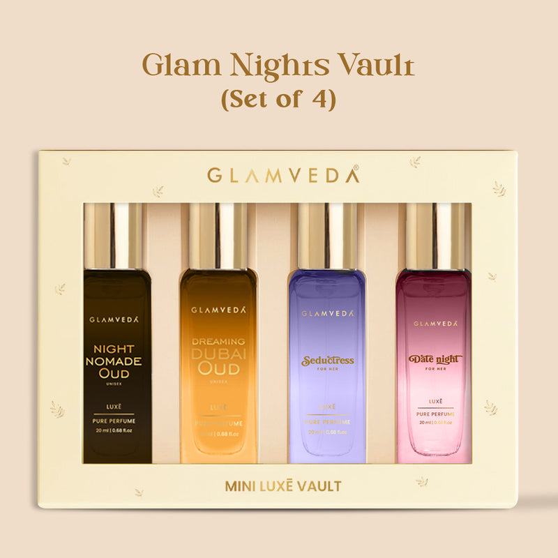 Glam Nights Vault  -  Date Night+Seductress+Dreaming Dubai Oud+Night Nomade Oud | Luxury Unisex Pure Perfume Gift Set 4 x 20ml