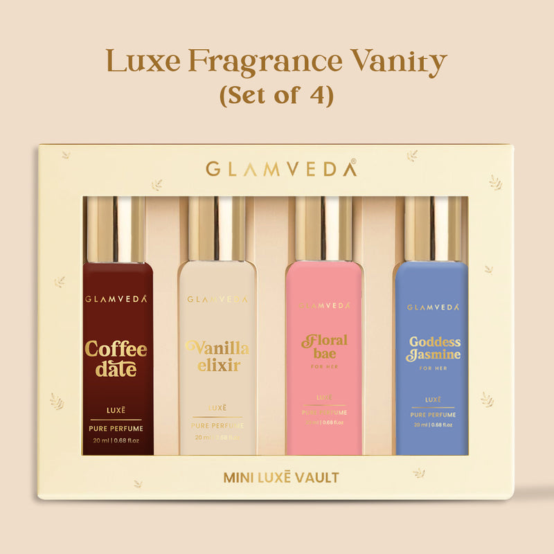 Luxe Fragrance Vanity  - Vanilla Elixir+Coffee Date+Goddess Jasmine+Floral Bae | Luxury Pure Perfume Gift Set for Women 4 x 20ml