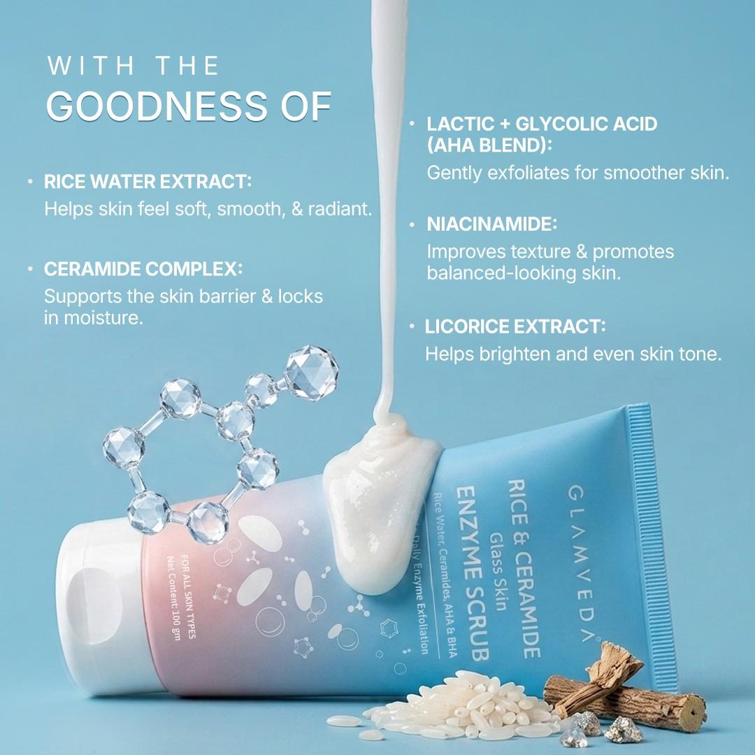 Rice & Ceramide Enzyme Scrub | 3X Exfoliation Peeling Gel with Enzyme, AHA & BHA | 100gm