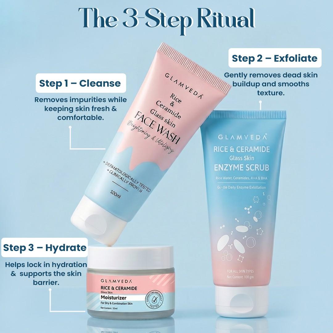 Rice & Ceramide Glass Skin Essentials | Face Wash + Enzyme Scrub + Moisturizer Combo | Korean Skincare Routine | 250ml