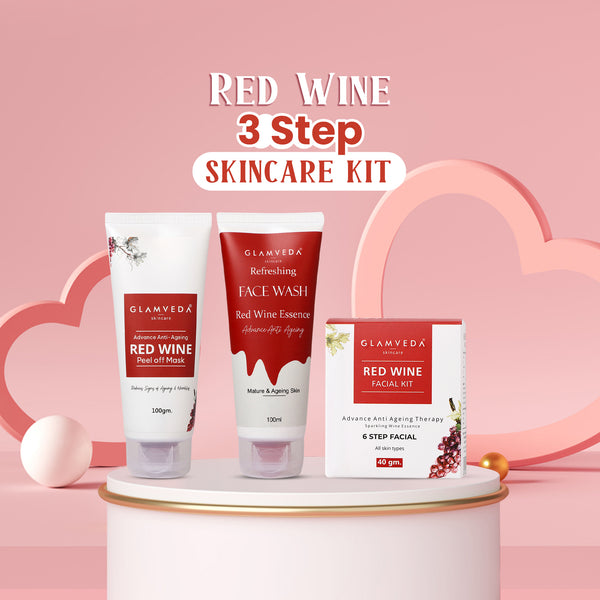 Glamveda Red Wine Advance Anti Ageing Combo Gift Pack | Reduces signs of ageing | Face Wash, Facial Kit & Peel Off Mask