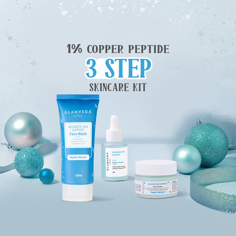 Glamveda 1% Copper peptide with Multi Peptide Advance Age Support Skincare Combo | Face Wash, Face Cream, Serum