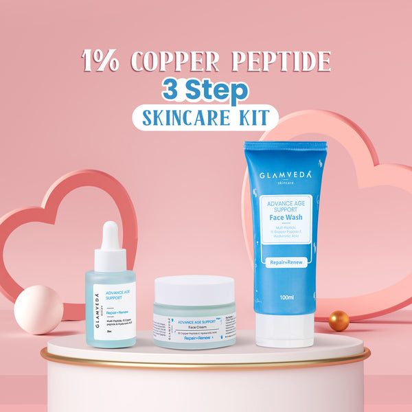 Glamveda 1% Copper peptide with Multi Peptide Advance Age Support Skincare Combo | Face Wash, Face Cream, Serum