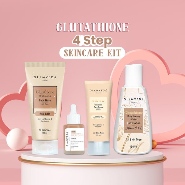 Glamveda Glutathione Skin Perfecting Brightening & Dark Spots Removal 4 Steps Skincare Routine ( Face Wash + Face Cream + Face Serum + Body Lotion )