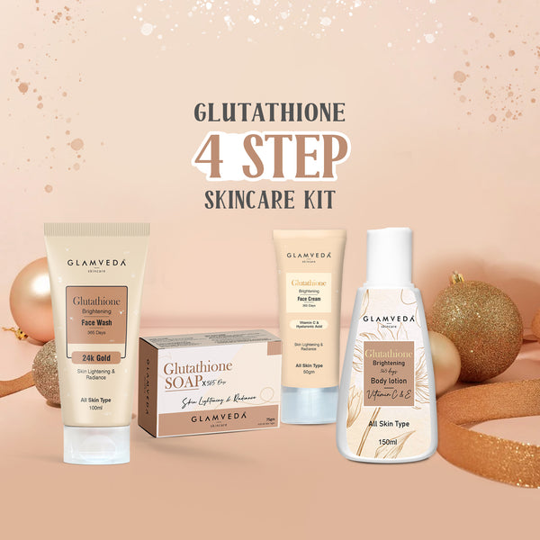 Glamveda Glutathione Bath & Body Skincare Routine Combo |  Set of 4 Kit | For Skin Brightening and Lightening | ( Face Wash + Face Cream + Body Lotion + Soap )