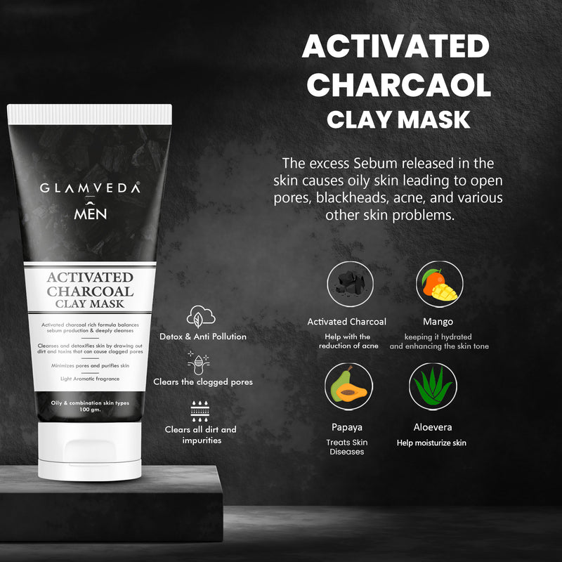 Glamveda Men's 4-step Detox Activated Charcoal Combo with a Premium Gift Box | Face wash, Face mask, Face scrub, Facial kit