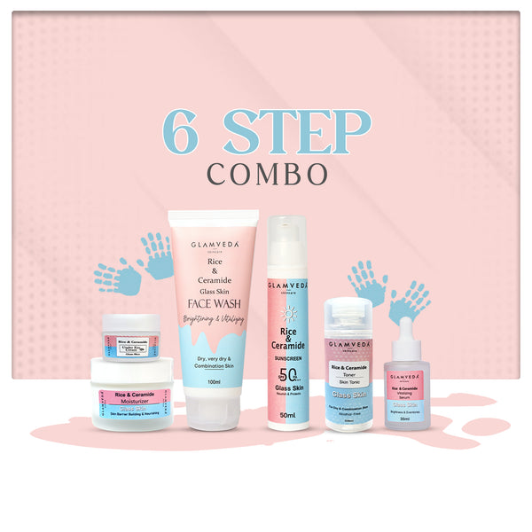 Glamveda Korean Glass Skin Rice & Ceramide 6 Step Gift Box | Face wash, Toner, Serum, Under eye cream, Moisturizer & Sunscreen
