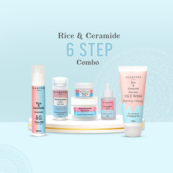 Glamveda Korean Glass Skin Rice & Ceramide 6 Step Gift Box | Face wash, Toner, Serum, Under eye cream, Moisturizer & Sunscreen