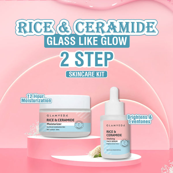 Glamveda Korean Glass Skin Rice & Ceramide Face Serum & Moisturizer Combo For Dry & Sensitive Skin Types