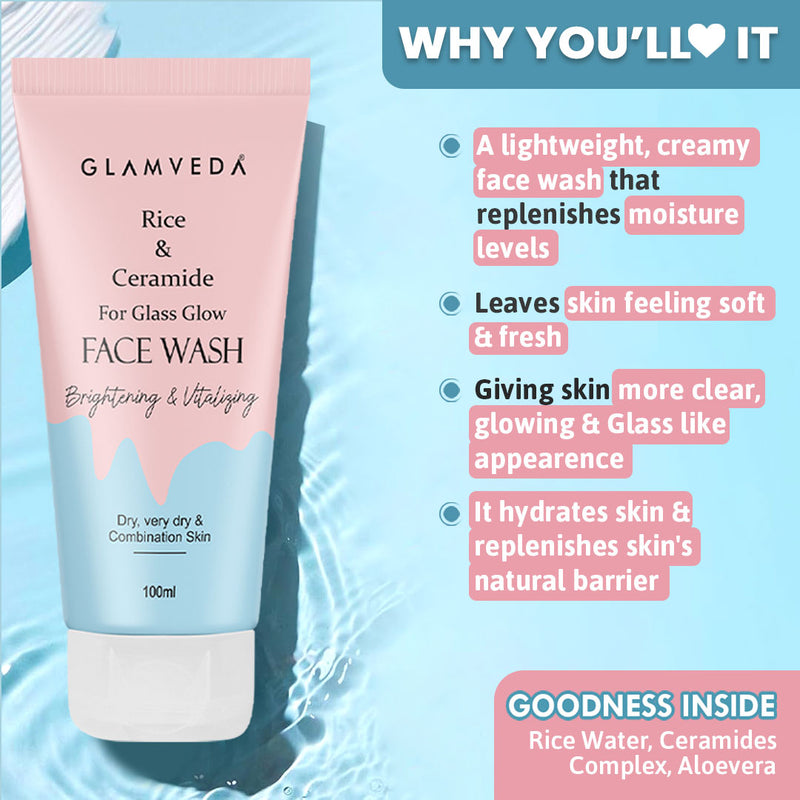 Glamveda Korean Glass Skin Rice & Ceramide Morning 4 Step Gift Box | Face Wash, Serum, Moisturizer & Sunscreen