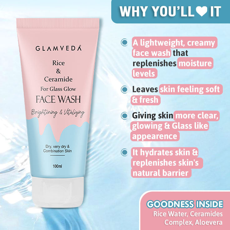 Glamveda Korean Glass Skin Rice & Ceramide 3 Step Combo | Face Wash, Serum & Sunscreen