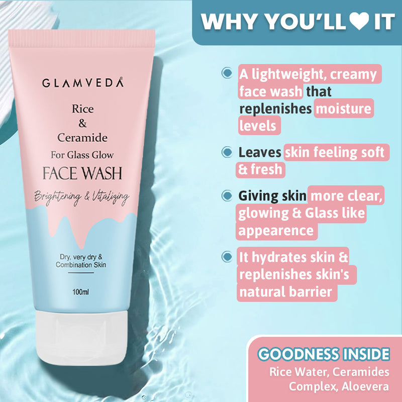 Glamveda Korean Glass Skin Rice & Ceramide 3 Step Combo | Face Wash, Serum & Moisturizer