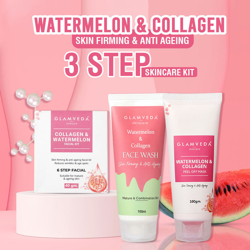 Glamveda Watermelon & Collagen Anti Ageing Combo Gift Pack | Reduces signs of ageing | Face Wash, Facial Kit & Peel Off Mask