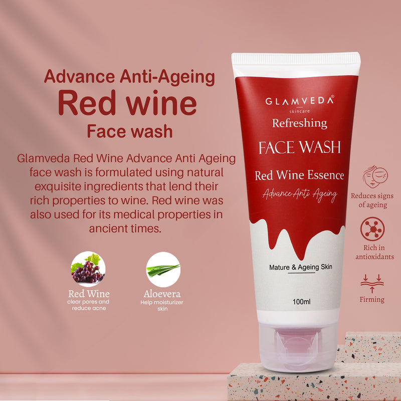 Glamveda Red Wine Advance Anti Ageing Combo For Women with Gift Box | Face wash, Facial Kit & Peel Off Mask