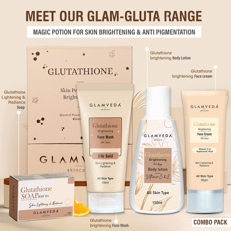 Glamveda Glutathione Bath & Body Skincare Routine Combo |  Set of 4 Kit | For Skin Brightening and Lightening | ( Face Wash + Face Cream + Body Lotion + Soap )