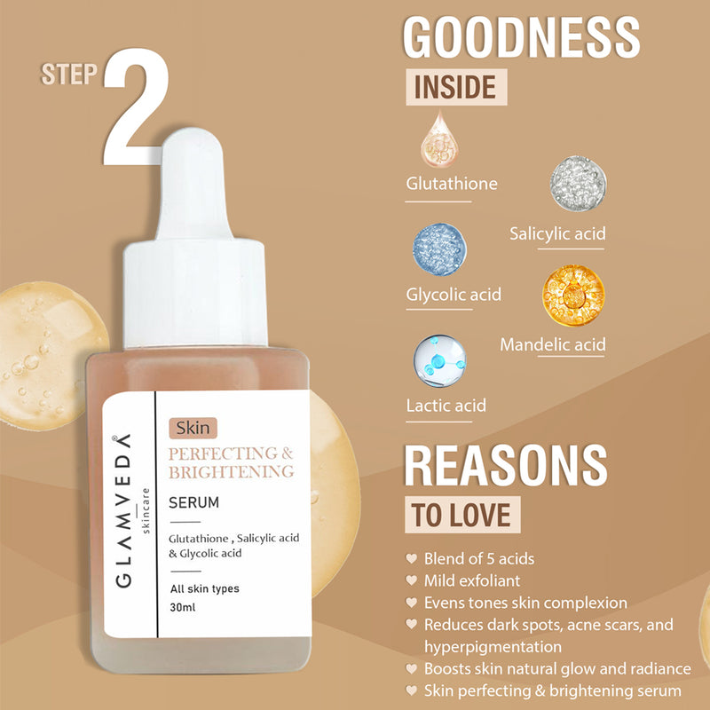 Glamveda Glutathione Skin Perfecting Brightening & Dark Spots Removal 4 Steps Skincare Routine ( Face Wash + Face Cream + Face Serum + Body Lotion )