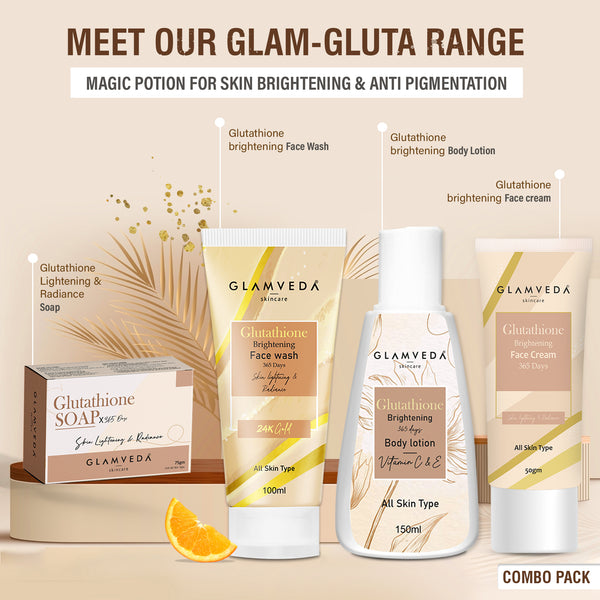 Glamveda Glutathione Bath & Body Skincare Routine Combo |  Set of 4 Kit | For Skin Brightening and Lightening | ( Face Wash + Face Cream + Body Lotion + Soap )