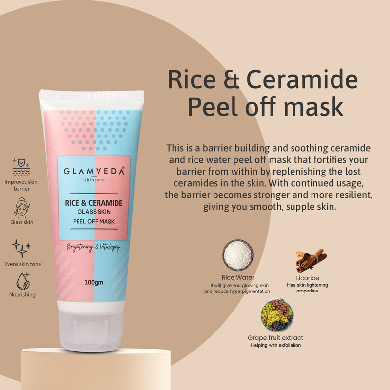 Glamveda Korean Glass Skin Rice & Ceramide Brightening Combo For Women with Gift Box | Face wash, Peel Off Mask, Facial Kit, Scrub & Face Mask
