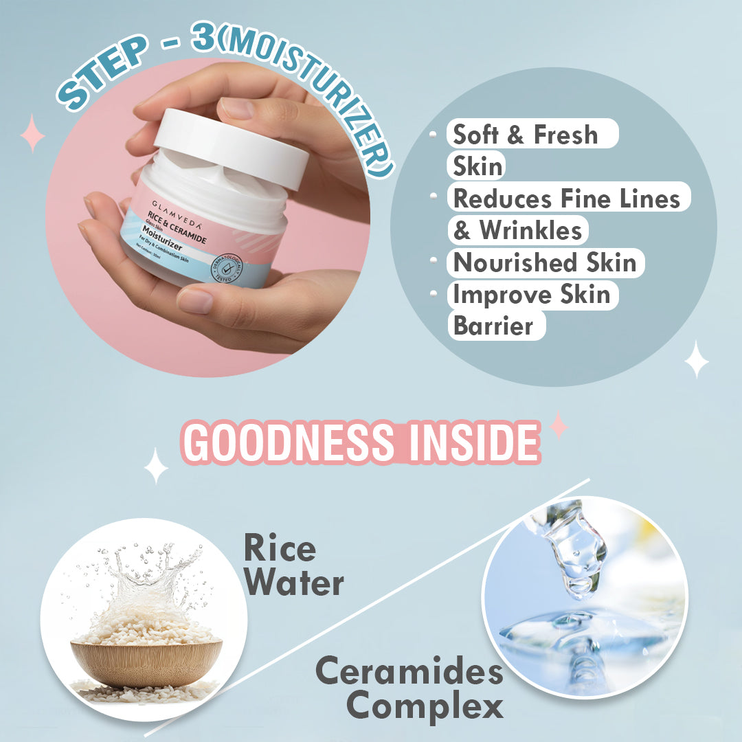 Korean Glass Skin Rice & Ceramide 3 Step Combo | Face Wash, Toner & Moisturizer