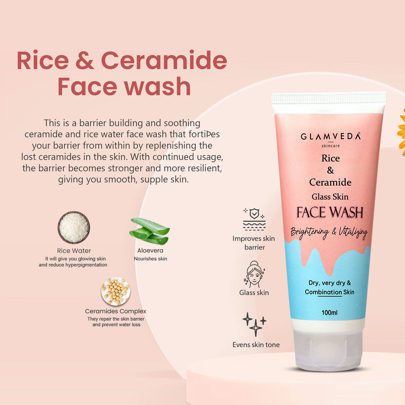Glamveda Korean Glass Skin Rice & Ceramide 4 Step Gift Box | Face wash, Serum, Under-eye cream, Moisturizer