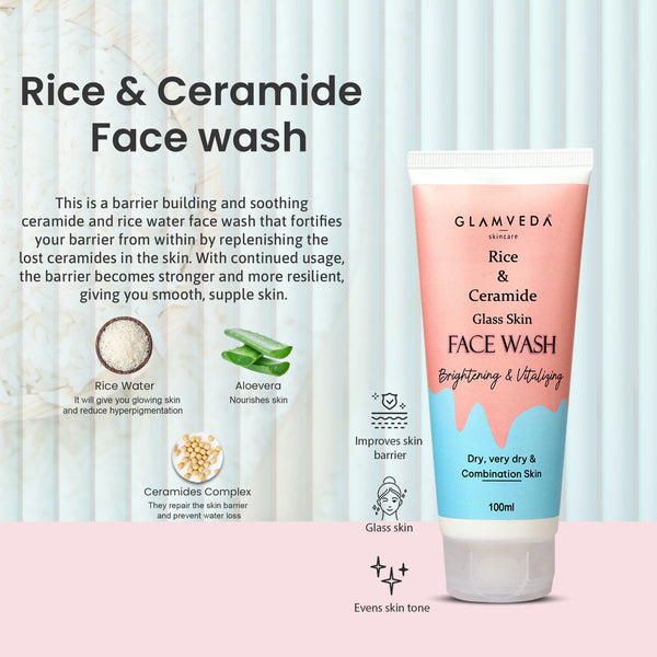 Glamveda Korean Glass Skin Rice & Ceramide 3 Step Combo | Face Wash, Serum & Sunscreen