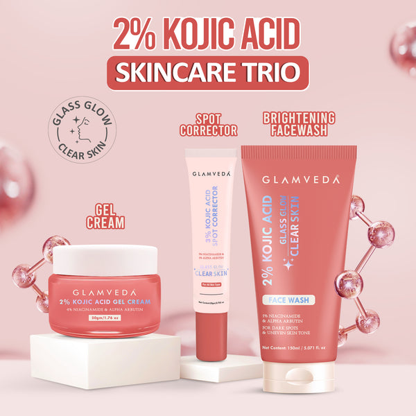 Glamveda 2% Kojic Acid Skincare Trio – Facewash, Spot Corrector & Cream for Dark Spot Removal, Pigmentation, Acne Marks & Uneven Tone