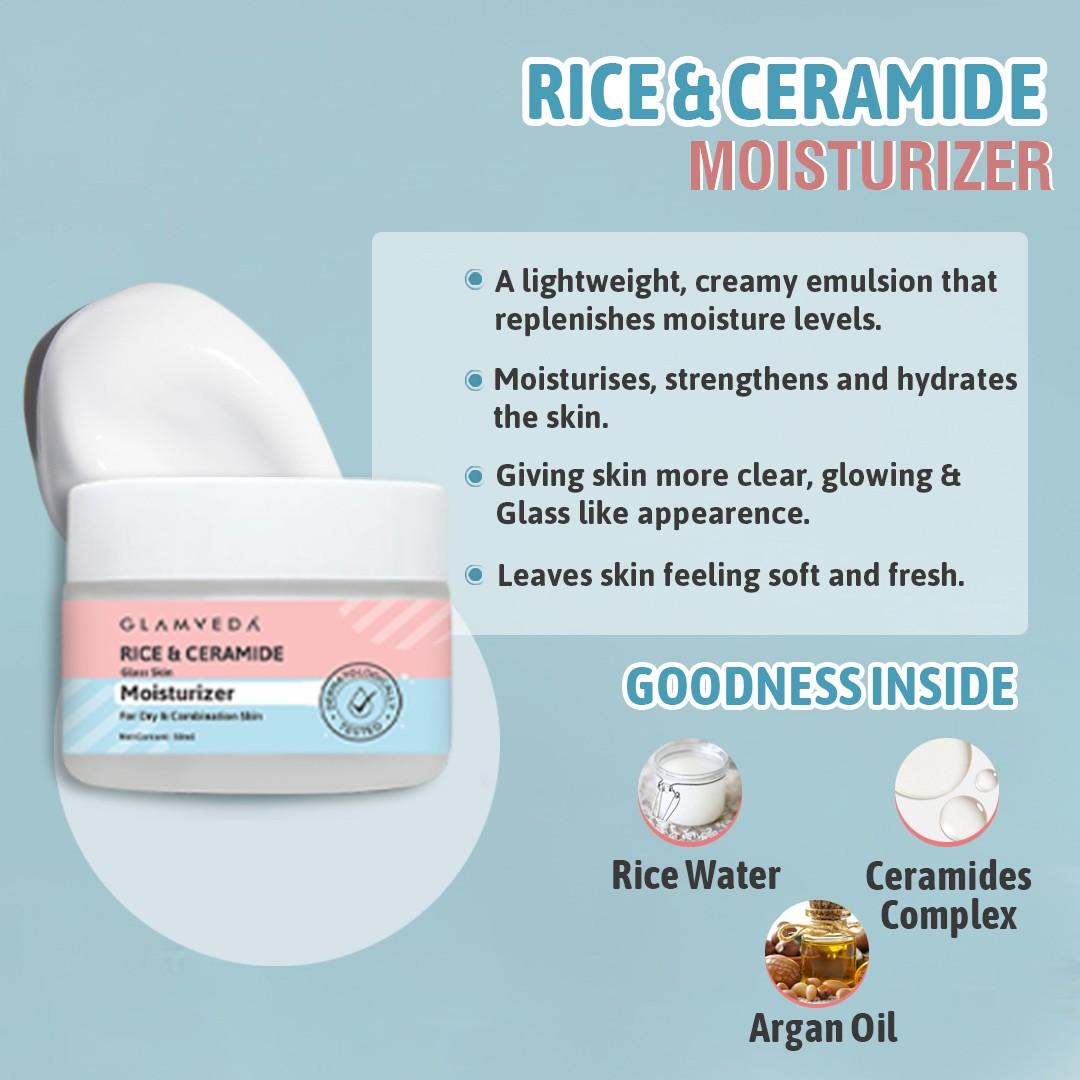 Glamveda Korean Glass Skin Rice & Ceramide Face Serum & Moisturizer Combo For Dry & Sensitive Skin Types