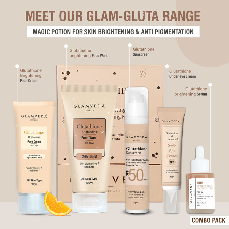 Glamveda Glutathione Skin Brightening and Lightening Combo | 5-Step Skincare Set For Glowing Skin |  ( Face Wash + Face Cream + Sunscreen + Serum + Under Eye Cream )