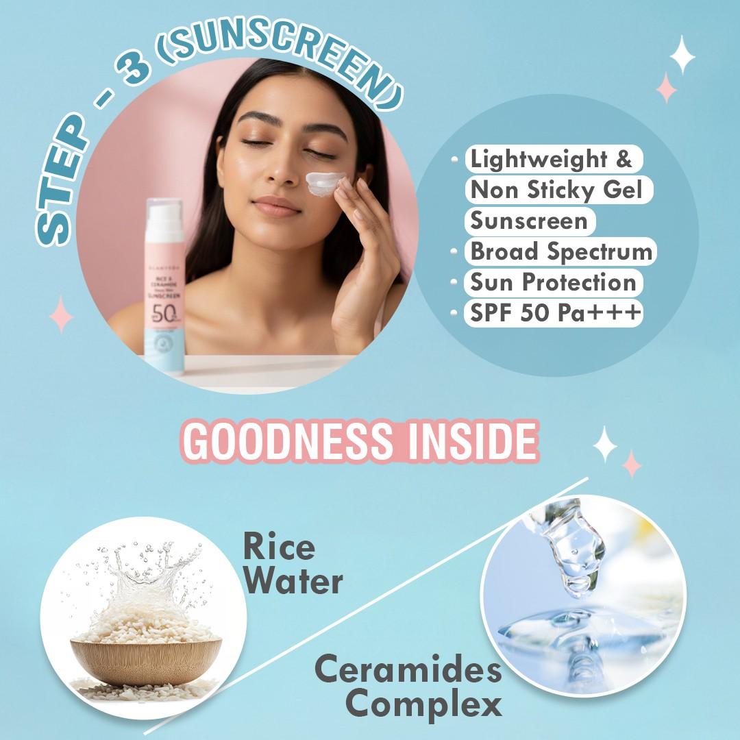 Glamveda Korean Glass Skin Rice & Ceramide 3 Step Combo | Face Wash, Serum & Sunscreen