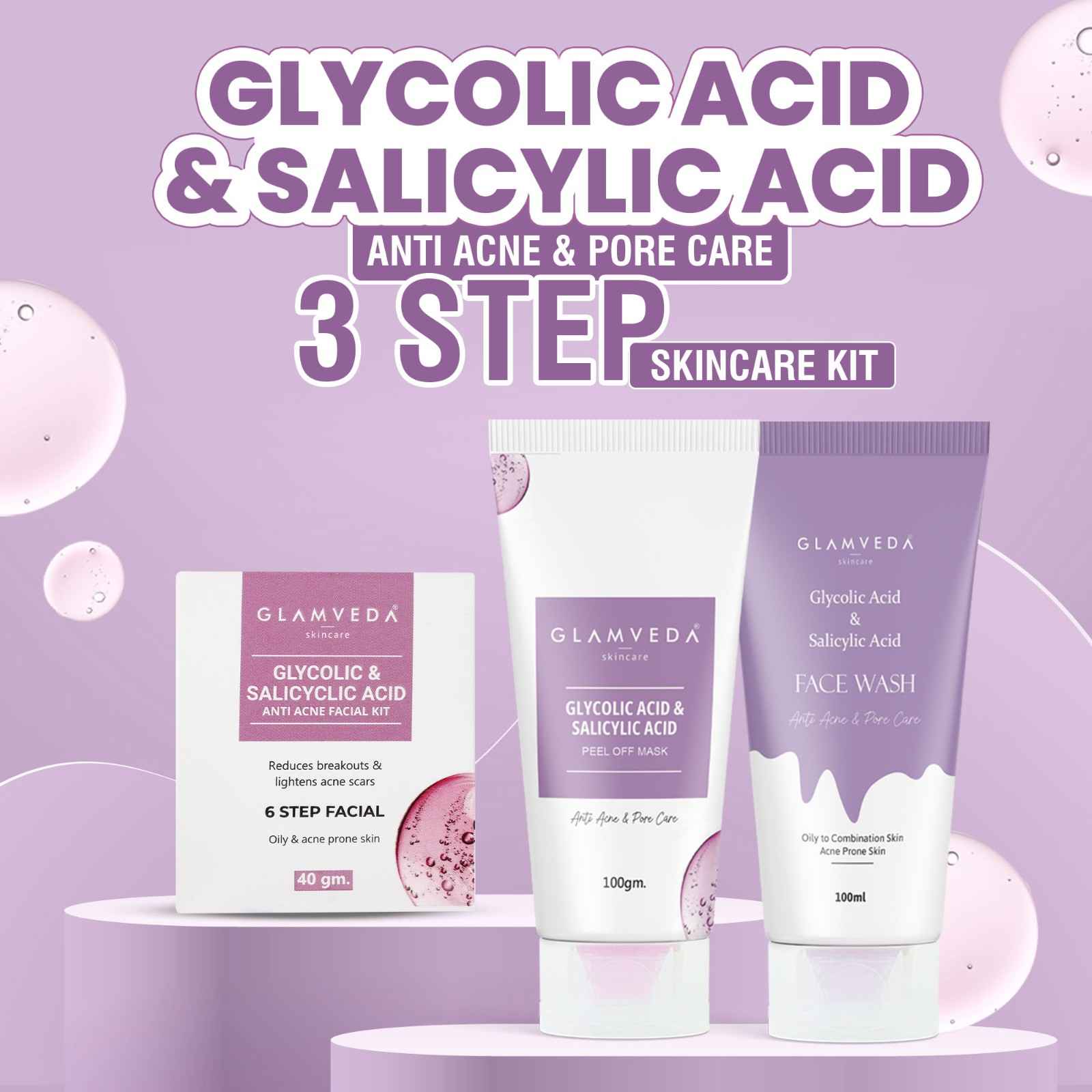 Glycolic & Salicylic Acid Anti Acne Combo Gift Pack | For Oily & Acne Prone Skin | Face Wash, Facial Kit & Peel Off Mask