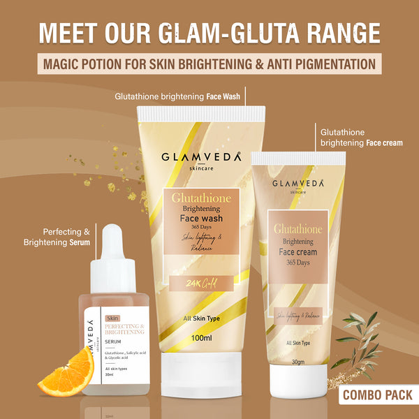 Glamveda Glutathione Skin Perfecting Brightening & Dark Spots Removal 3 Steps Skincare Routine ( Face Wash + Face Cream + Face Serum )