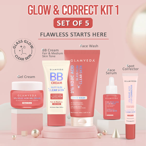Glamveda 2% Kojic Acid 5-Step Skincare Routine Combo | Brightens Skin, Reduces Dark Spots, Evens Tone & Provides Lightweight Coverage | Face Wash, Spot Corrector, Serum, Cream & BB Cream For Fair Skin Tone
