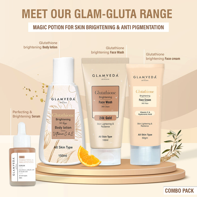 Glamveda Glutathione Skin Perfecting Brightening & Dark Spots Removal 4 Steps Skincare Routine ( Face Wash + Face Cream + Face Serum + Body Lotion )