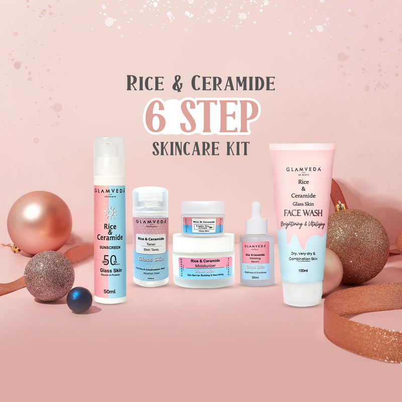 Glamveda Korean Glass Skin Rice & Ceramide 6 Step Gift Box | Face wash, Toner, Serum, Under eye cream, Moisturizer & Sunscreen