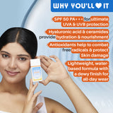 Glamveda Ultra Light Water Sunscreen SPF 50 PA++++ with Ceramides & Hyaluronic, No White Cast