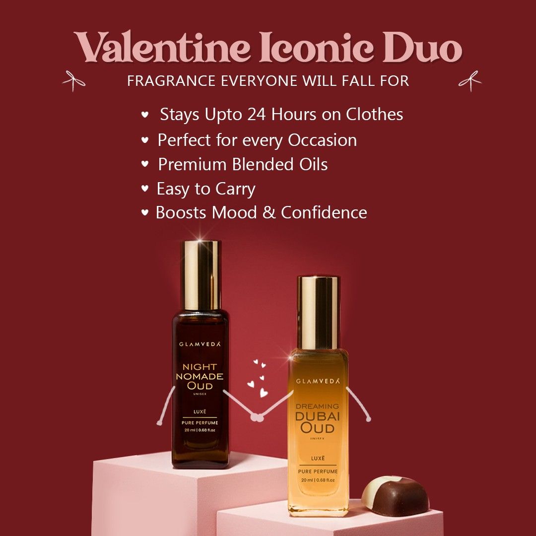 Glamveda Valentine Iconic Oud Perfume Duo | Night Nomade Oud & Dreaming Dubai Oud | Unisex Pure Perfume 40ml