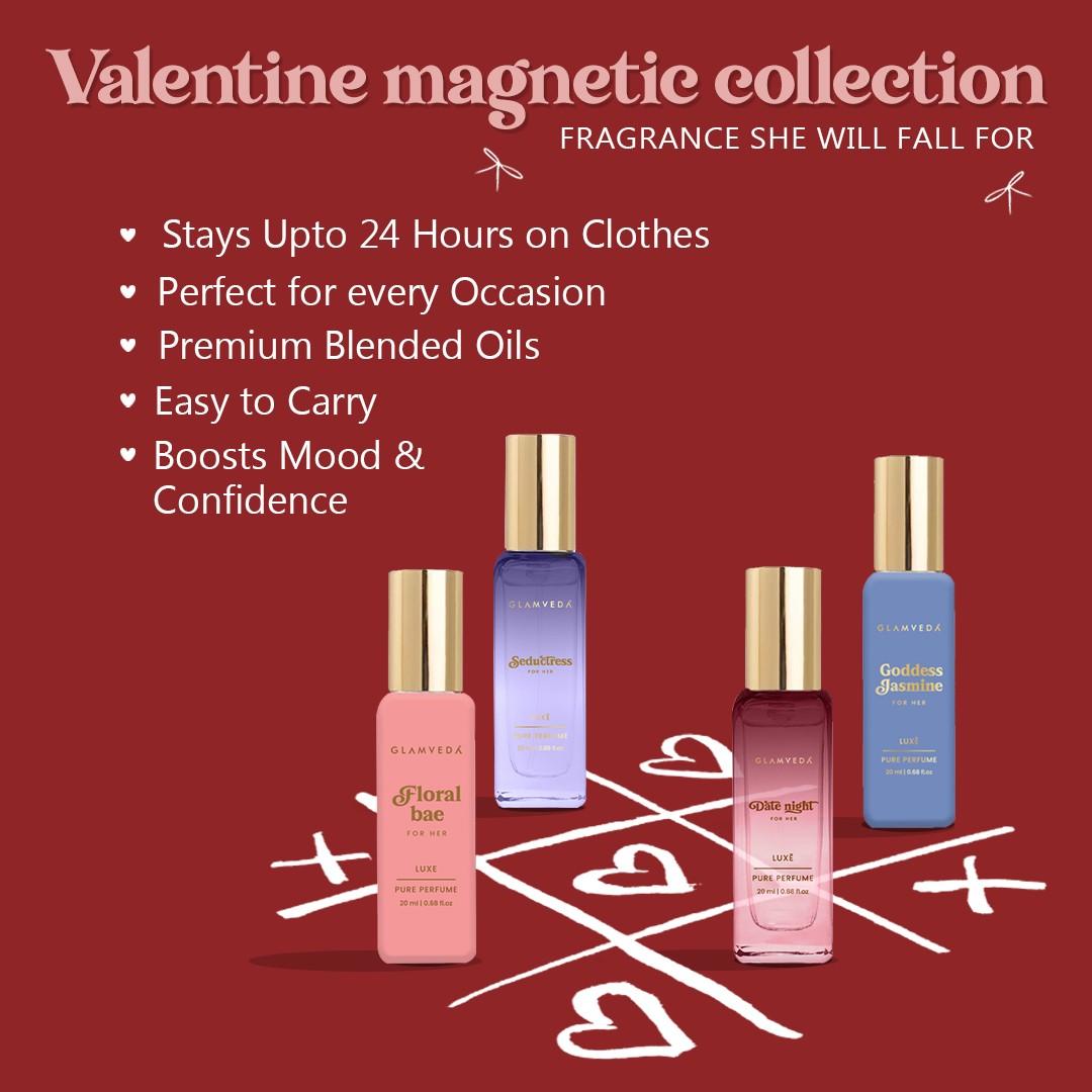 Glamveda Valentine Magnetic Perfume Gift Set for Her | Luxe Pure Perfume Collection | Seductress, Date Night, Floral Bae & Goddess Jasmine